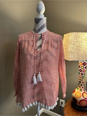 Roller Rabbit Coral Patterned Tassel-Hem Peasant Blouse
